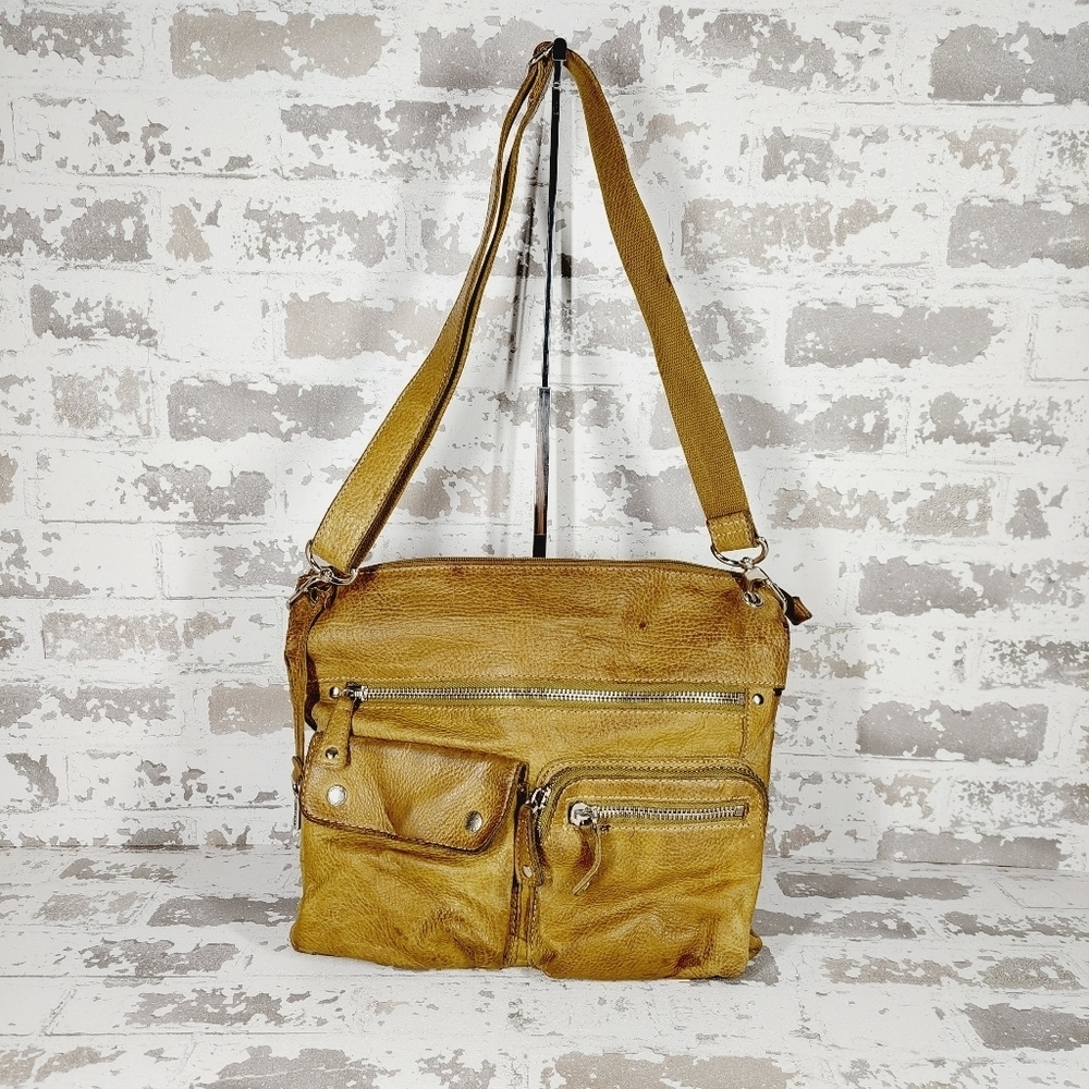 Fossil Greenish Tan Pebbles Leather Handbag Zip Pockets CrossBody Purse 0750